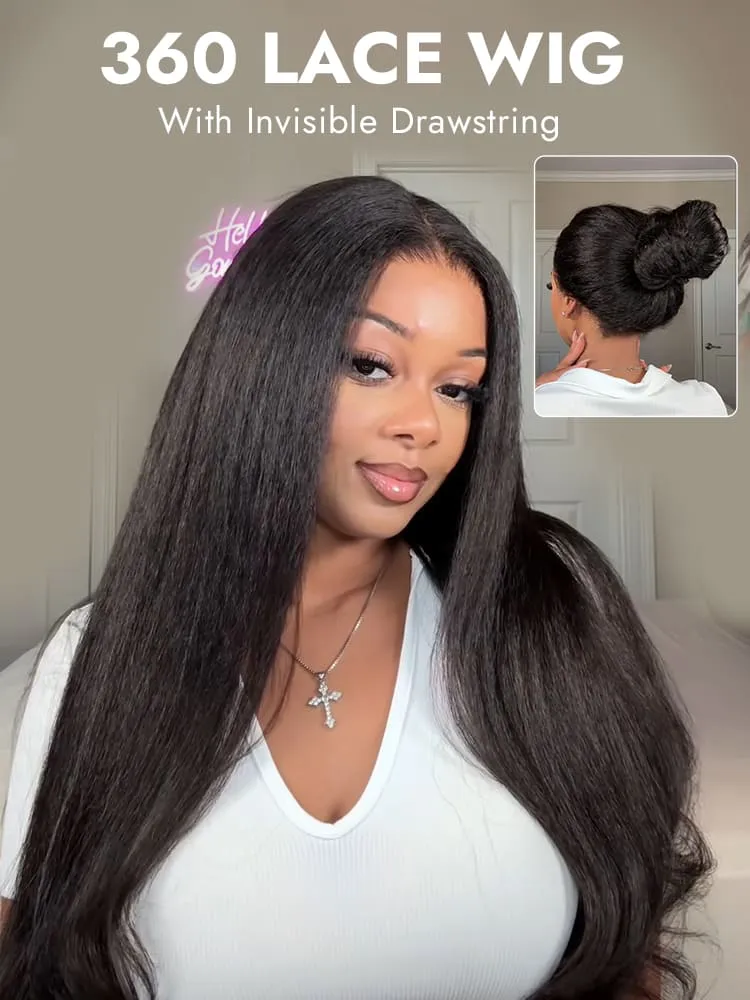 Invisible Drawstring Wigs Yaki Straight Transparent Lace 360 Lace Frontal with Baby Hair Around - Image 4